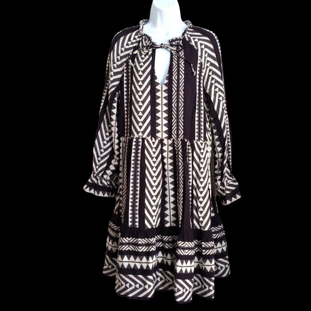 Maeve Anthropologie Dominique Tunic Dress Black White Tribal Boho Tiered Mini S
